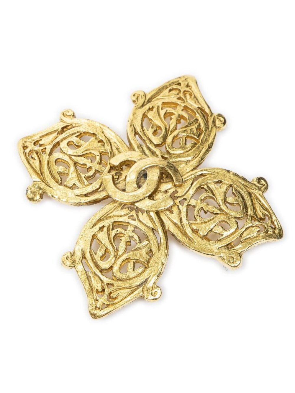 Chanel CC Filigree Cross Quatrefoil Brooch Gold Plated